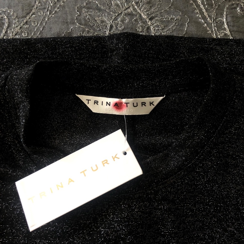 Trina Turk Shimmery Charcoal Black Puff Shoulder Short Sleeve Party Top - Picture 8 of 8